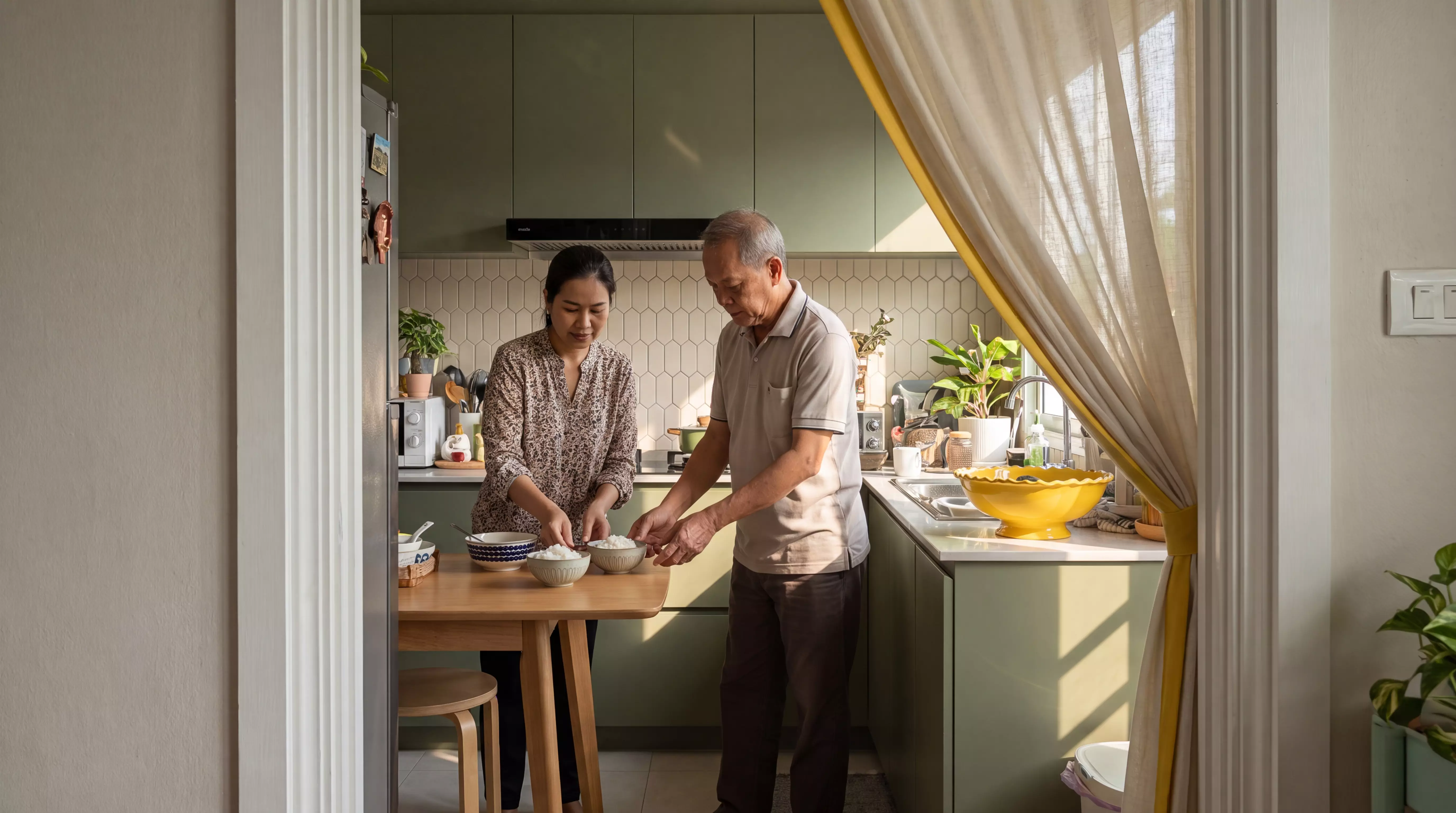 Thai family setting a dining table