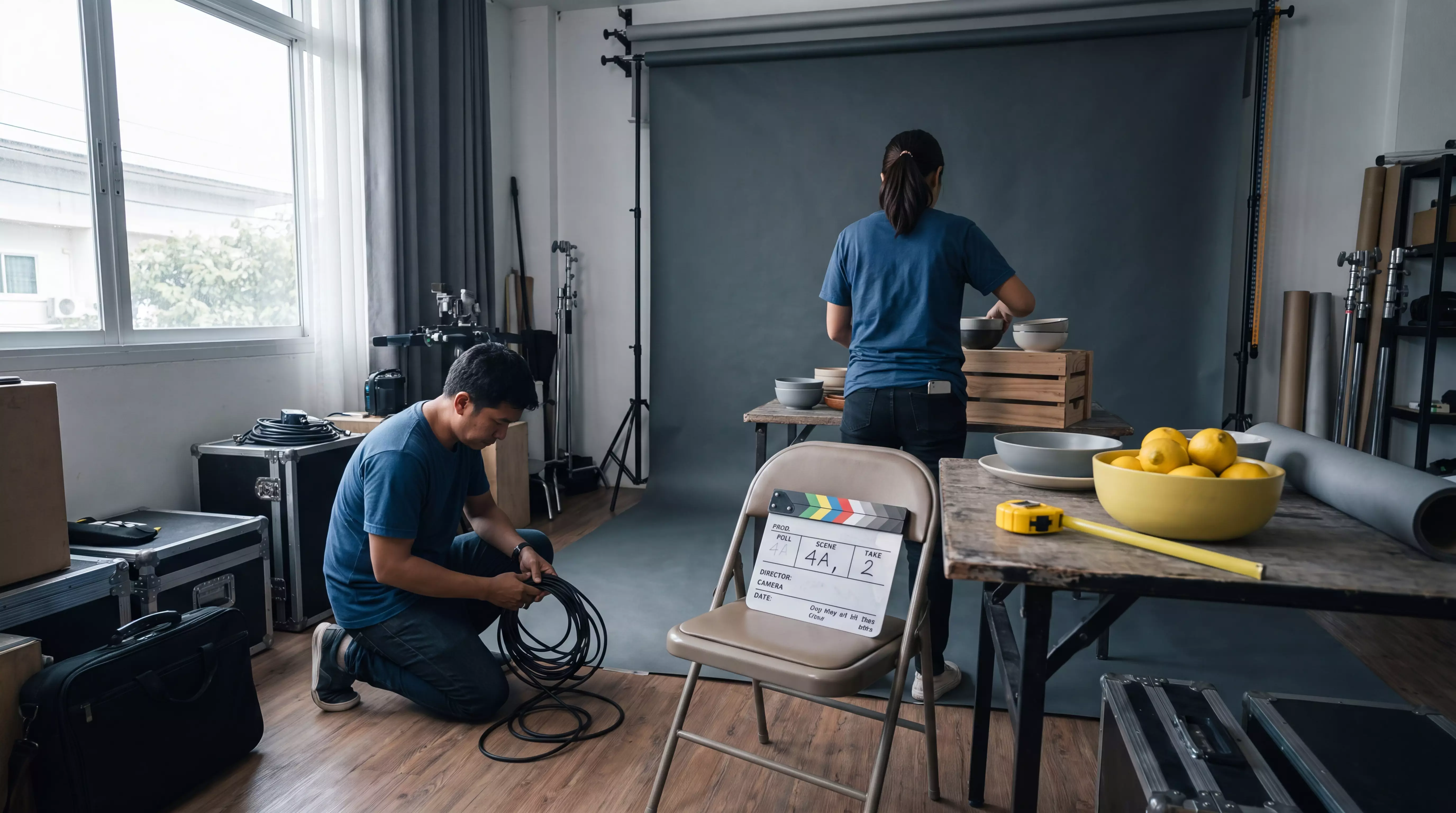 Gaffer coiling cables on set
